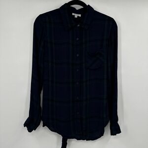 DizzyLissy Women's Plaid Button Down‎ Shirt Tie Waist Long Sleeve Blue Green Med